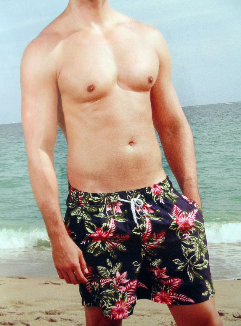 Mens Swim Shorts Hibiscus Island w/ Elastic Waist