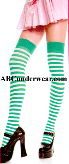 Opague Striped Thigh Hi Stockings White & Kelly Green