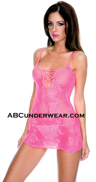 Stylish Criss Cross Lace Mini Dress Set with Matching Thong